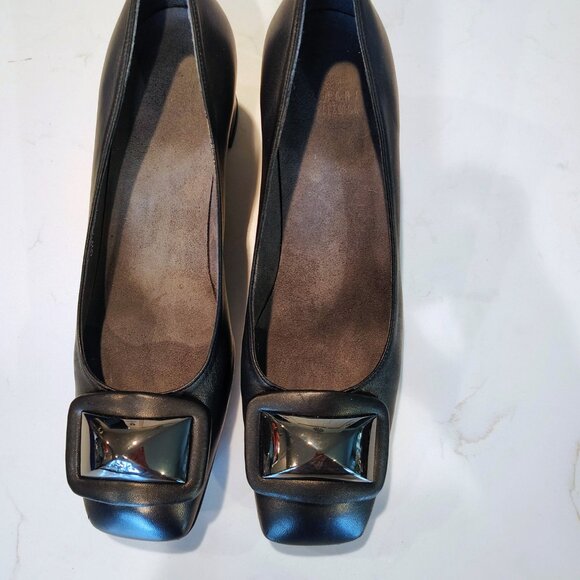 Stuart Weitzman Black Square Toe Pumps - Large Decorative Buckle - Picture 2 of 9